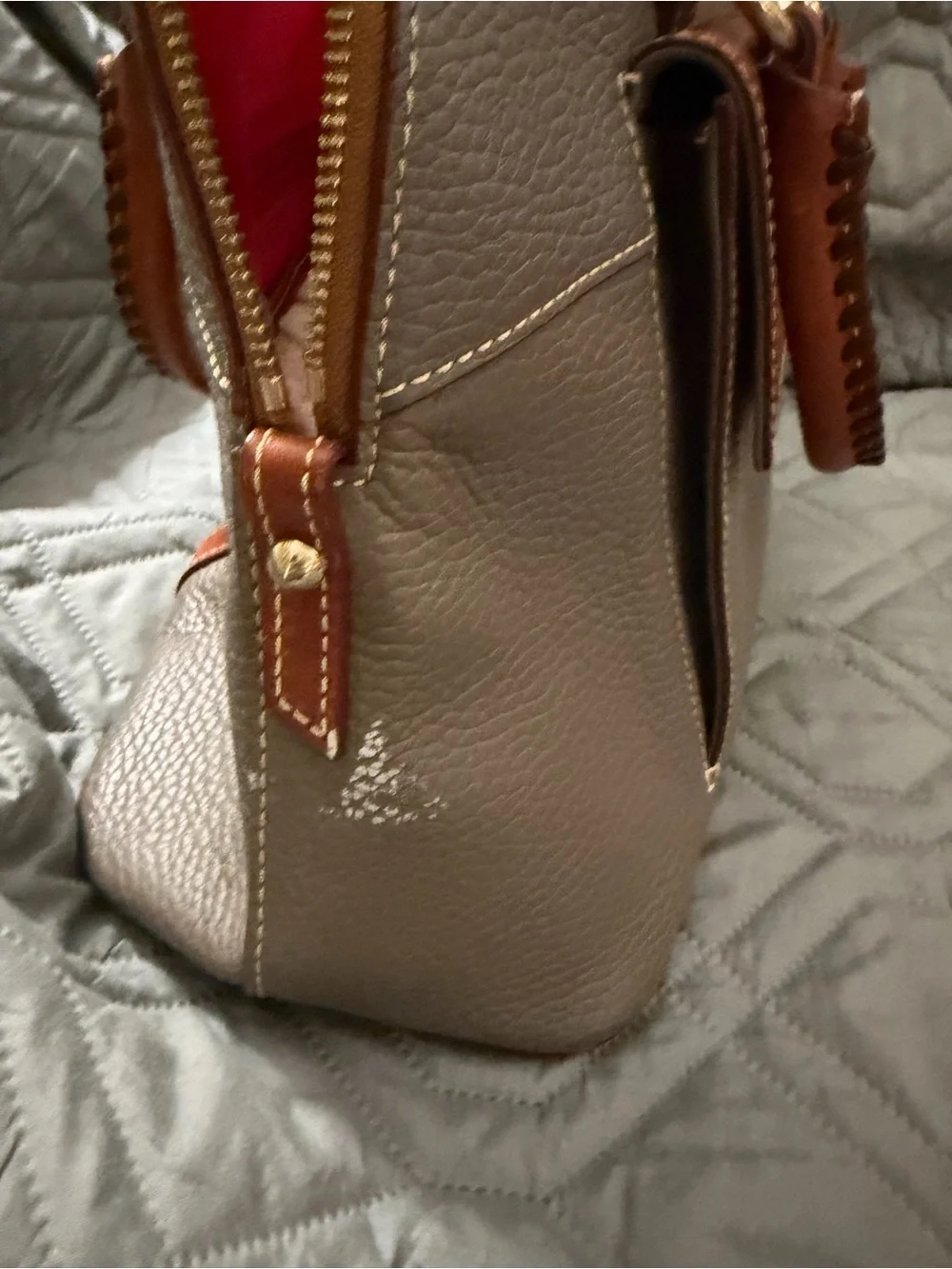 Dooney & Bourke Taupe Pebbled Leather Satchel with Brown Trim